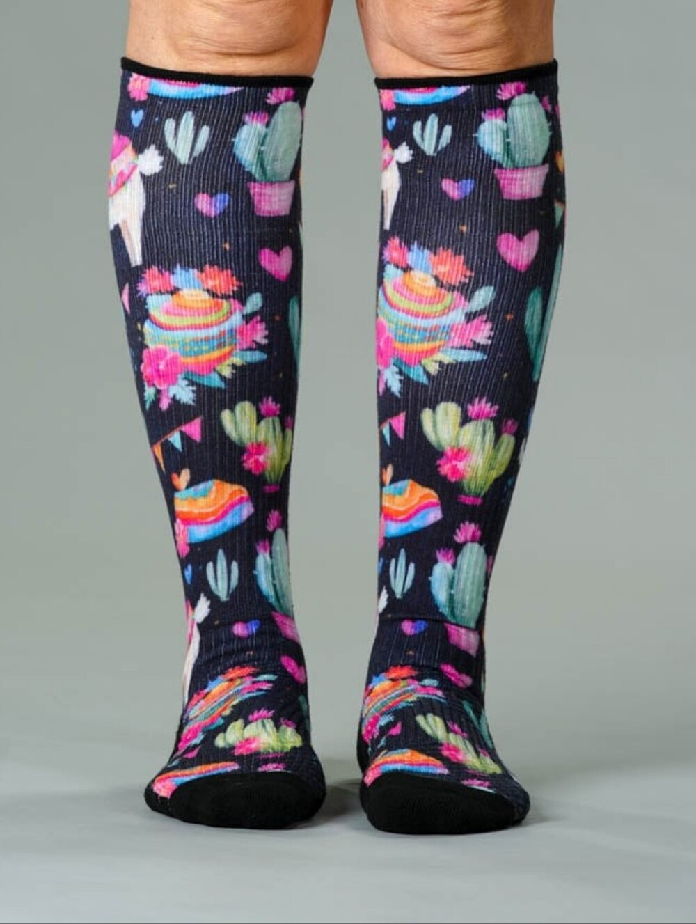 Viasox Llama Love Black Multicolour Compression Socks NEW M/L